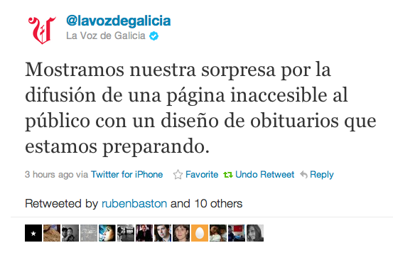 Tweet de La Voz de Galicia sobre el obituario de Manuel Fraga